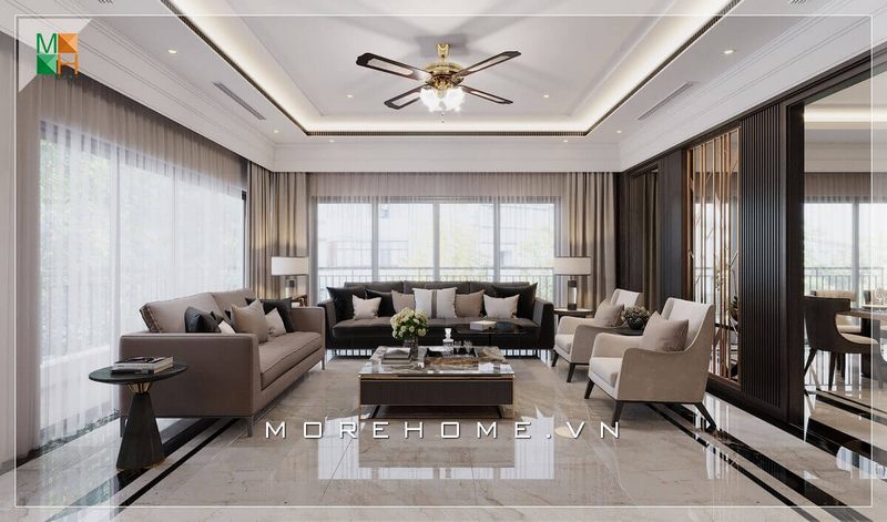 Mẫu bàn trà kiểu dáng hiện đại bằng gỗ kết hợp mặt bàn đá nhân tạo cao cấp, tạo điểm nhấn nổi bật cho không gian phòng khách, phù hợp chung cư, biệt thự, nhà phố phong cách hiện đại