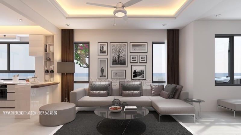 Bộ sofa da xám bóng cao cấp thiết kế theo kiểu dáng góc tối ưu không gian kết hợp chân sắt thanh thoát phù hợp với phòng khách biệt thự, nhà phố hiện đại.
