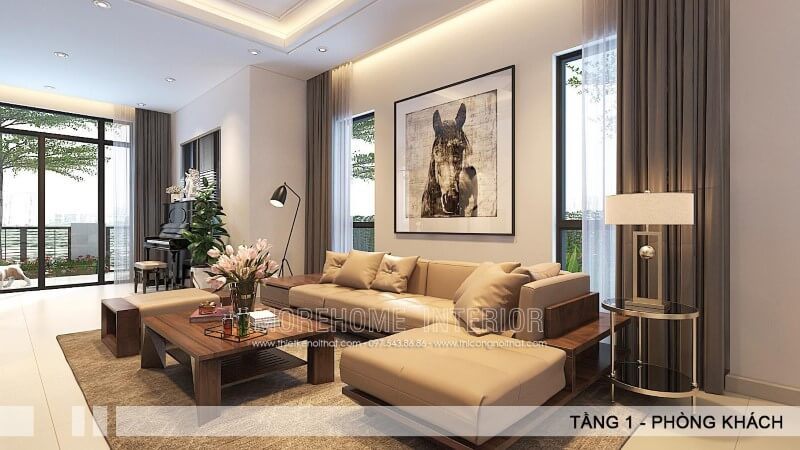 Ghế sofa gỗ óc chó chữ L cung cấp sự tiện dụng và rộng rãi cho các cuộc trò chuyện vui vẻ, tận dụng tối đa diện tích phòng khách.